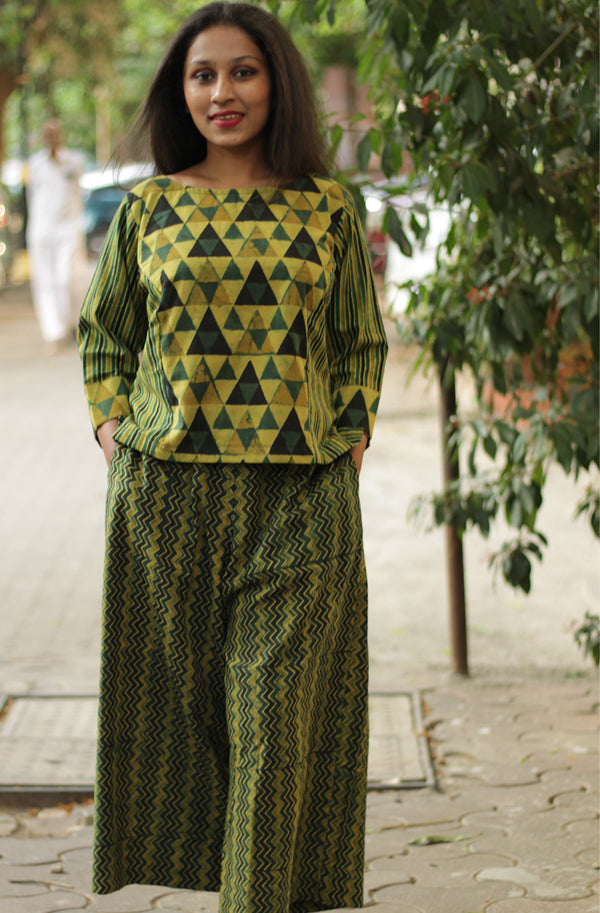 Rasika | Wide Leg Pants | Green Ajrakh Chevron