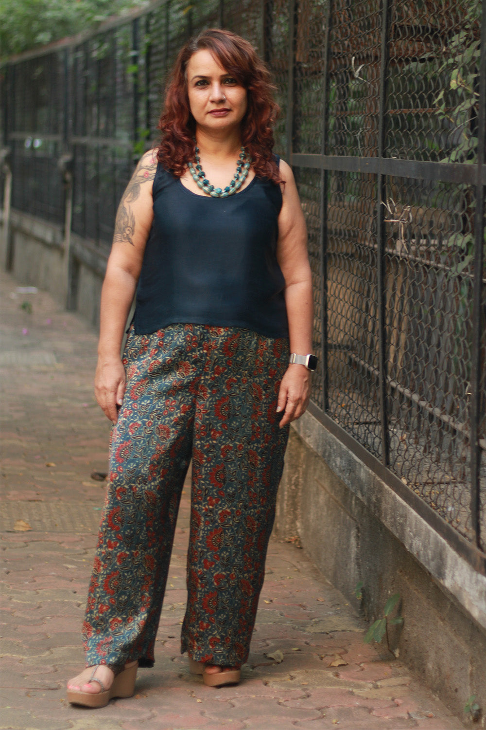 Saumya | Wide Leg Pants | Modal Silk | Blue Floral Ajrakh