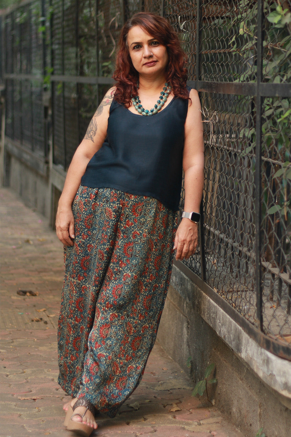 Saumya | Wide Leg Pants | Modal Silk | Blue Floral Ajrakh