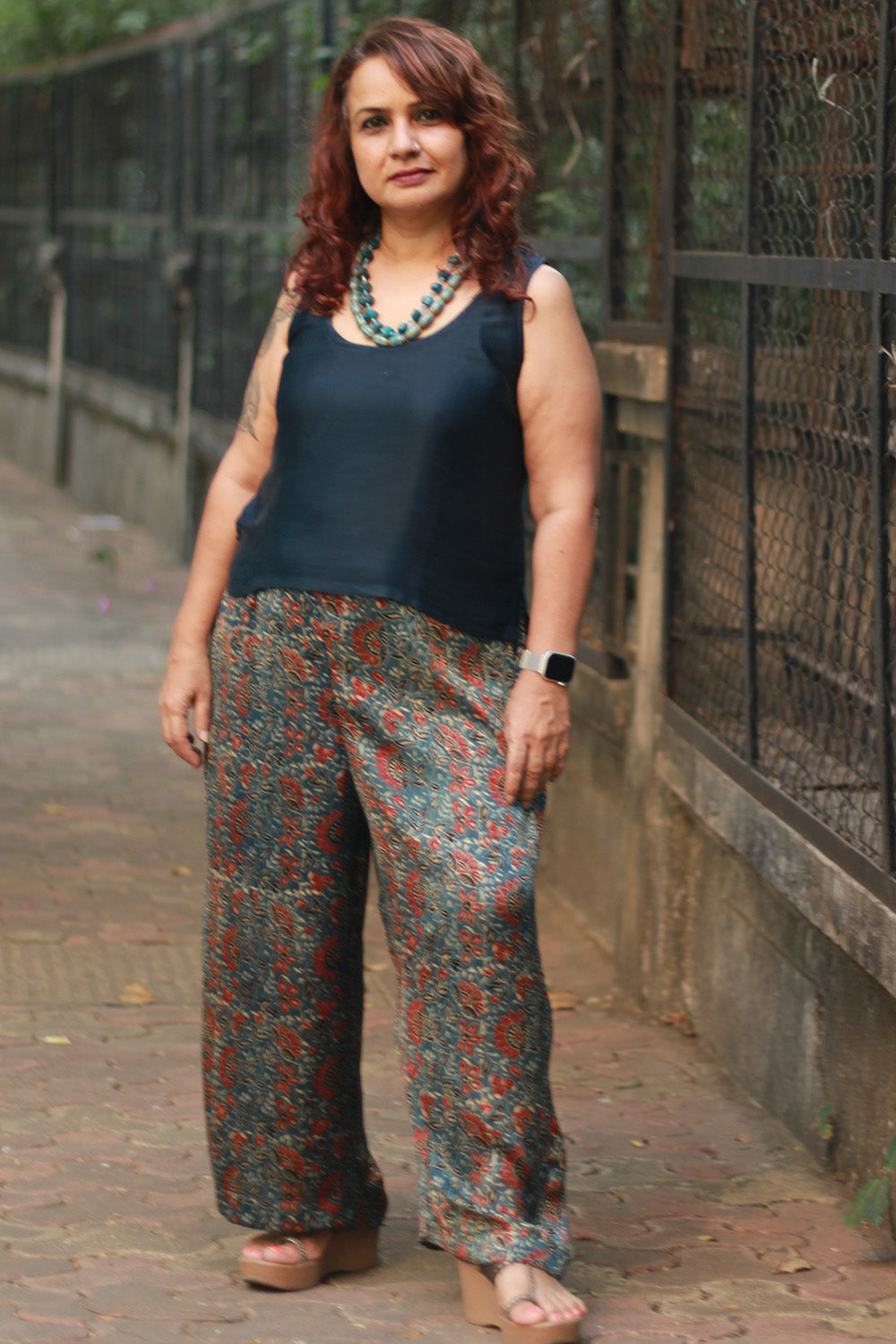 Saumya | Wide Leg Pants | Modal Silk | Blue Floral Ajrakh