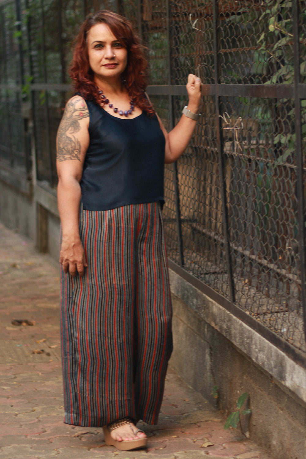 Saumya | Wide Leg Pants | Modal Silk | Blue Stripes Ajrakh