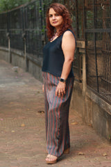 Saumya | Wide Leg Pants | Modal Silk | Blue Stripes Ajrakh