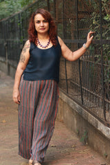 Saumya | Wide Leg Pants | Modal Silk | Blue Stripes Ajrakh