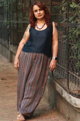 Saumya | Wide Leg Pants | Modal Silk | Blue Stripes Ajrakh
