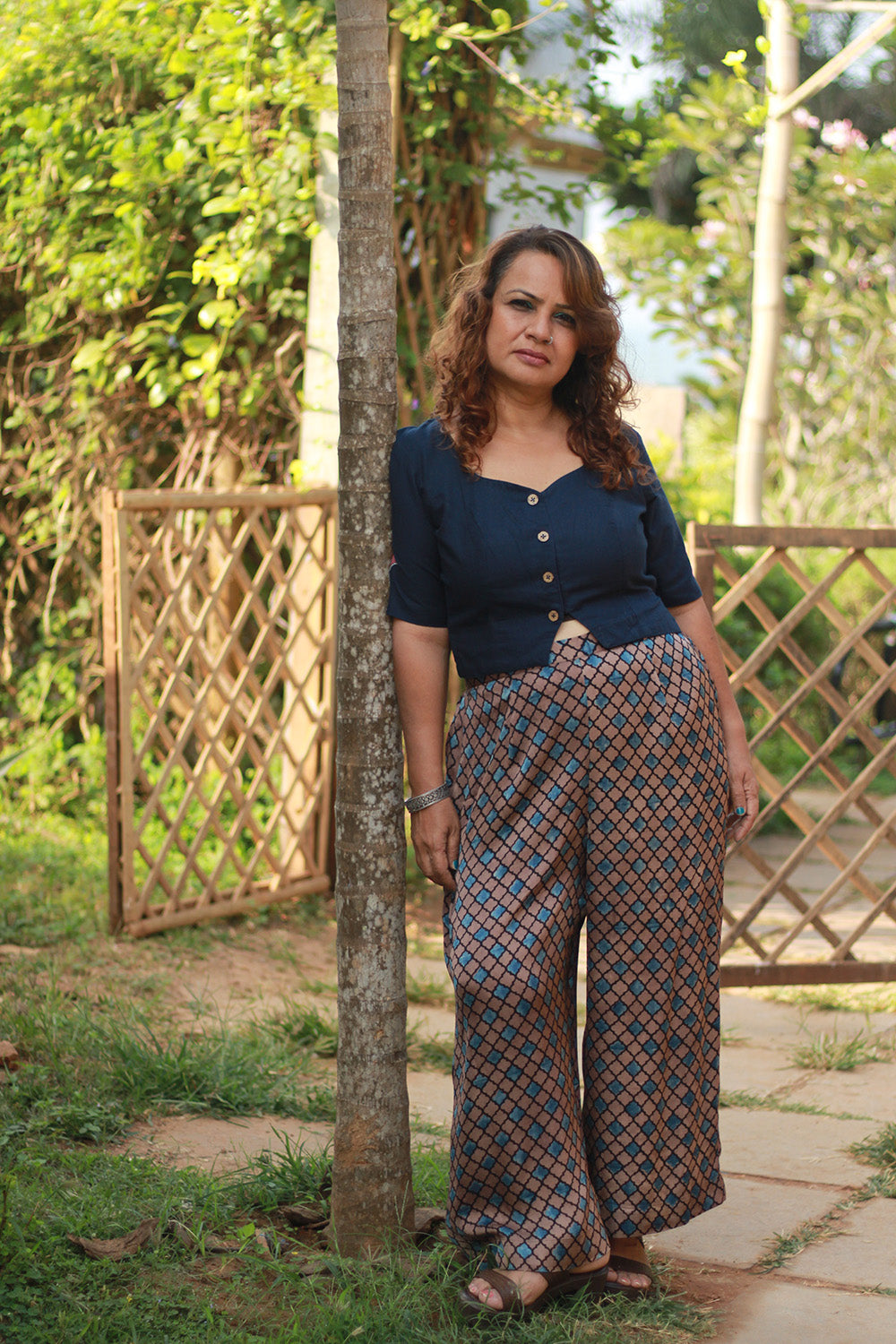 Saumya | Wide Leg Pants | Modal Silk | Tan Hexagon