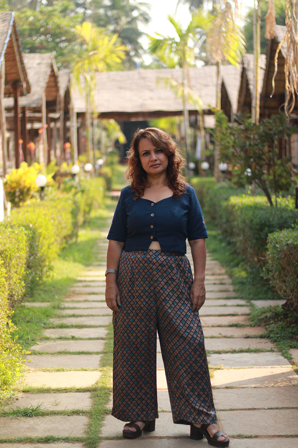 Saumya | Wide Leg Pants | Modal Silk | Tan Hexagon