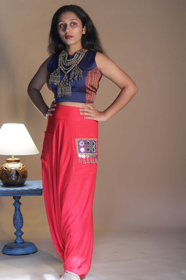 Wayfarer | Drop Crotch Pants | Coral with Mirrorwork Pockets in Rayon