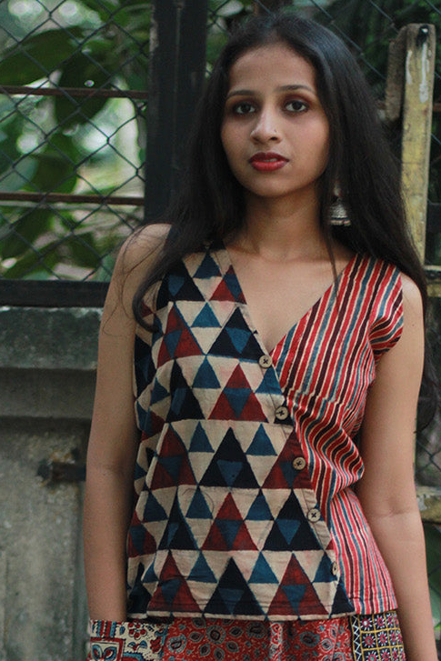 Bhoomi | Sleeveless Crossover Top | Brown Trikon Ajrakh with Stripes