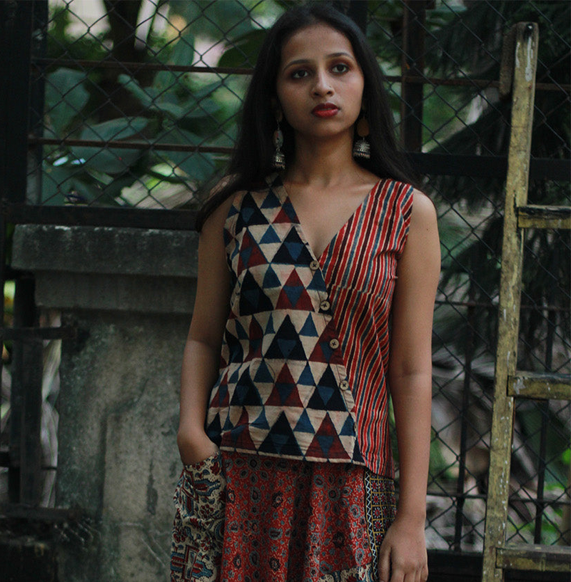 Bhoomi | Sleeveless Crossover Top | Brown Trikon Ajrakh with Stripes