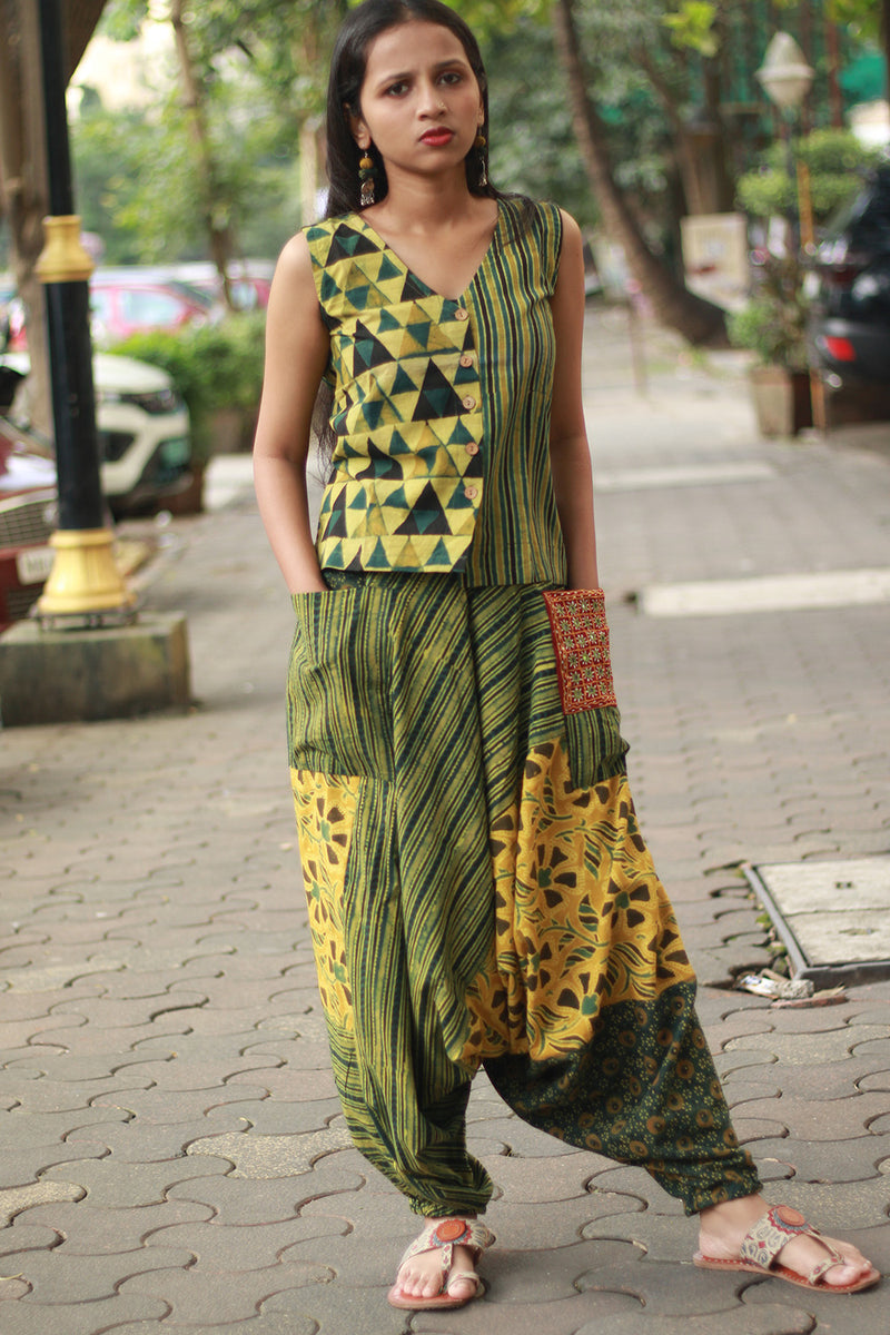 Wayfarer | Drop Crotch Pants | Green Ajrakh Medley