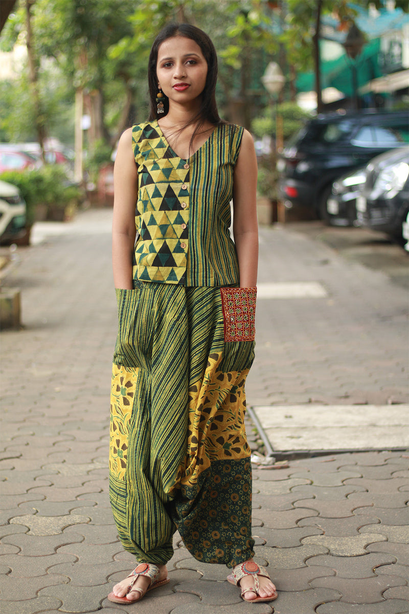 Wayfarer | Drop Crotch Pants | Green Ajrakh Medley