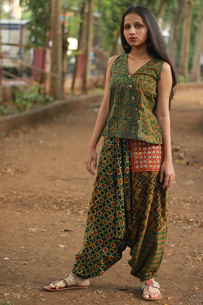Wayfarer | Drop Crotch Pants | Green Ajrakh Medley