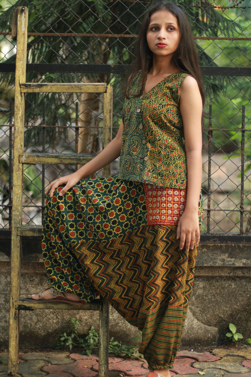 Wayfarer | Drop Crotch Pants | Green Ajrakh Medley
