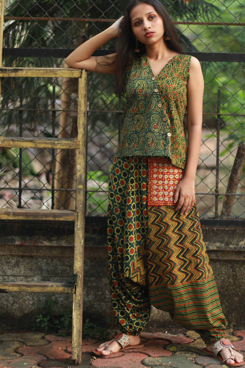 Wayfarer | Drop Crotch Pants | Green Ajrakh Medley