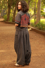 Cropped Shirt-Blouse With Mirrorwork | Noir Checks
