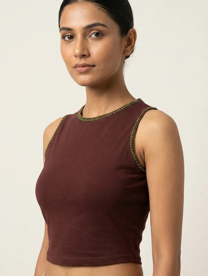 Kirgiti | Stretchable Blouse / Crop Top | Brown with Embroidery