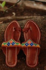 Leather Chappal | Mirrorwork | Brown | Size 42