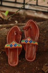 Leather Chappal | Mirrorwork | Brown | Size 42