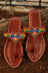 Leather Chappal | Mirrorwork | Brown | Size 42
