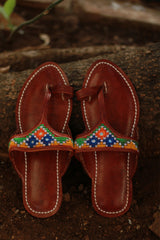Leather Chappal | Mirrorwork | Brown | Size 42