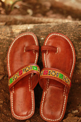 Leather Chappal | Mirrorwork | Brown | Size 42