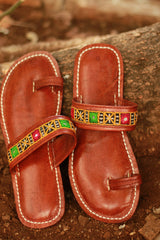 Leather Chappal | Mirrorwork | Brown | Size 42