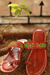 Leather Chappal | Mirrorwork | Brown | Size 42