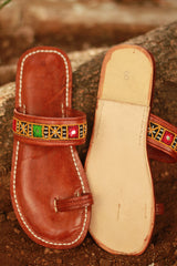 Leather Chappal | Mirrorwork | Brown | Size 42