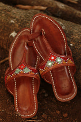Leather Chappal | Mirrorwork | Brown | Size 45