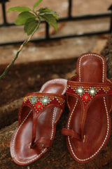 Leather Chappal | Mirrorwork | Brown | Size 45