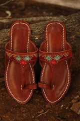 Leather Chappal | Mirrorwork | Brown | Size 45