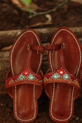 Leather Chappal | Mirrorwork | Brown | Size 45
