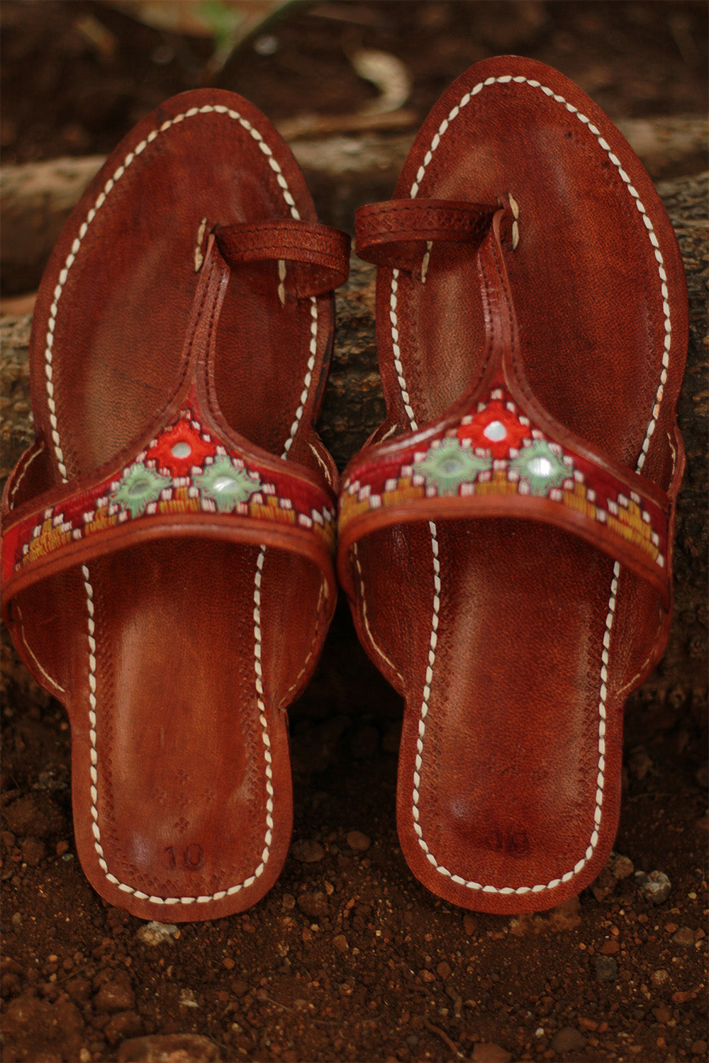 Leather Chappal | Mirrorwork | Brown | Size 45