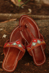 Leather Chappal | Mirrorwork | Brown | Size 45