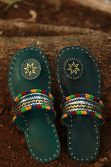 Leather Chappal | Embroidered | Green | Size 39