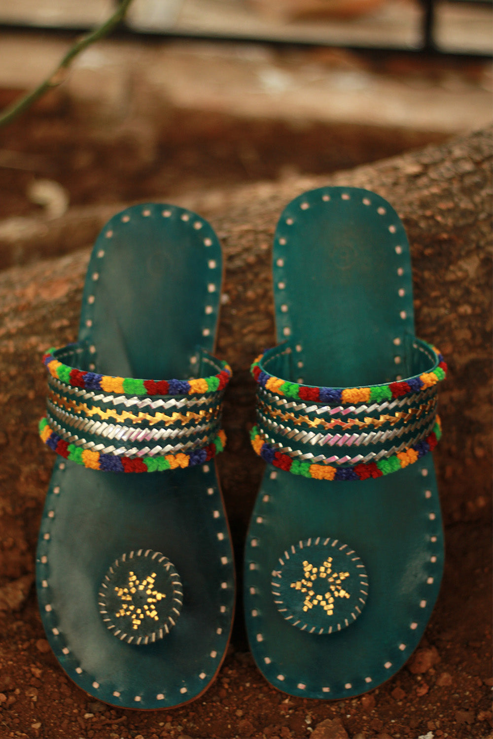 Leather Chappal | Embroidered | Green | Size 39