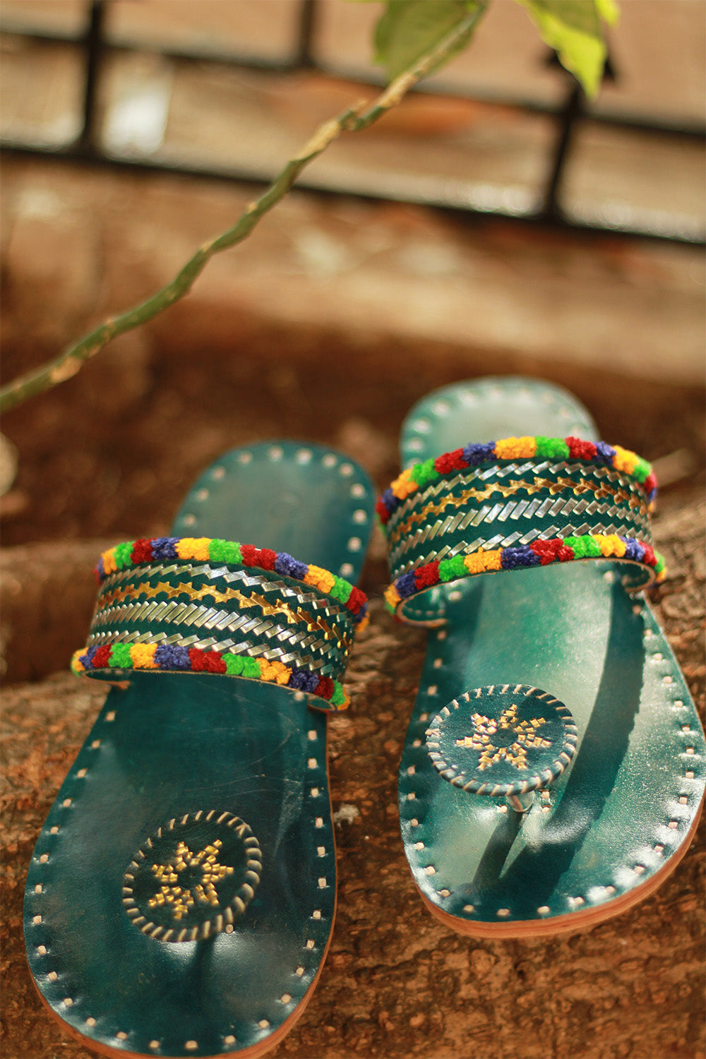 Leather Chappal | Embroidered | Green | Size 39