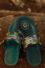 Leather Chappal | Embroidered | Green | Size 39