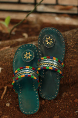 Leather Chappal | Embroidered | Green | Size 39