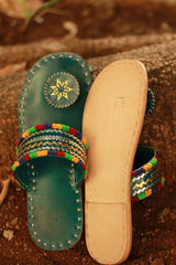 Leather Chappal | Embroidered | Green | Size 39