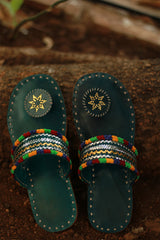 Leather Chappal | Embroidered | Green | Size 39