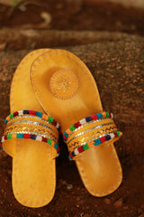 Leather Chappal | Embroidered | Mustard | Size 39