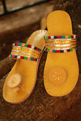 Leather Chappal | Embroidered | Mustard | Size 39
