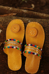 Leather Chappal | Embroidered | Mustard | Size 39