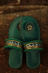 Leather Chappal | Embroidered | Green | Size 39