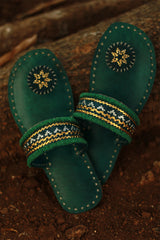 Leather Chappal | Embroidered | Green | Size 39