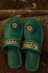 Leather Chappal | Embroidered | Green | Size 39