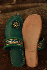 Leather Chappal | Embroidered | Green | Size 39