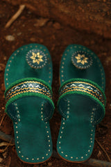 Leather Chappal | Embroidered | Green | Size 39