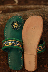 Leather Chappal | Embroidered | Green | Size 39